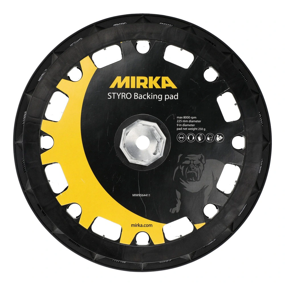 Large round black and yellow backing pad shown frontally, with printed text