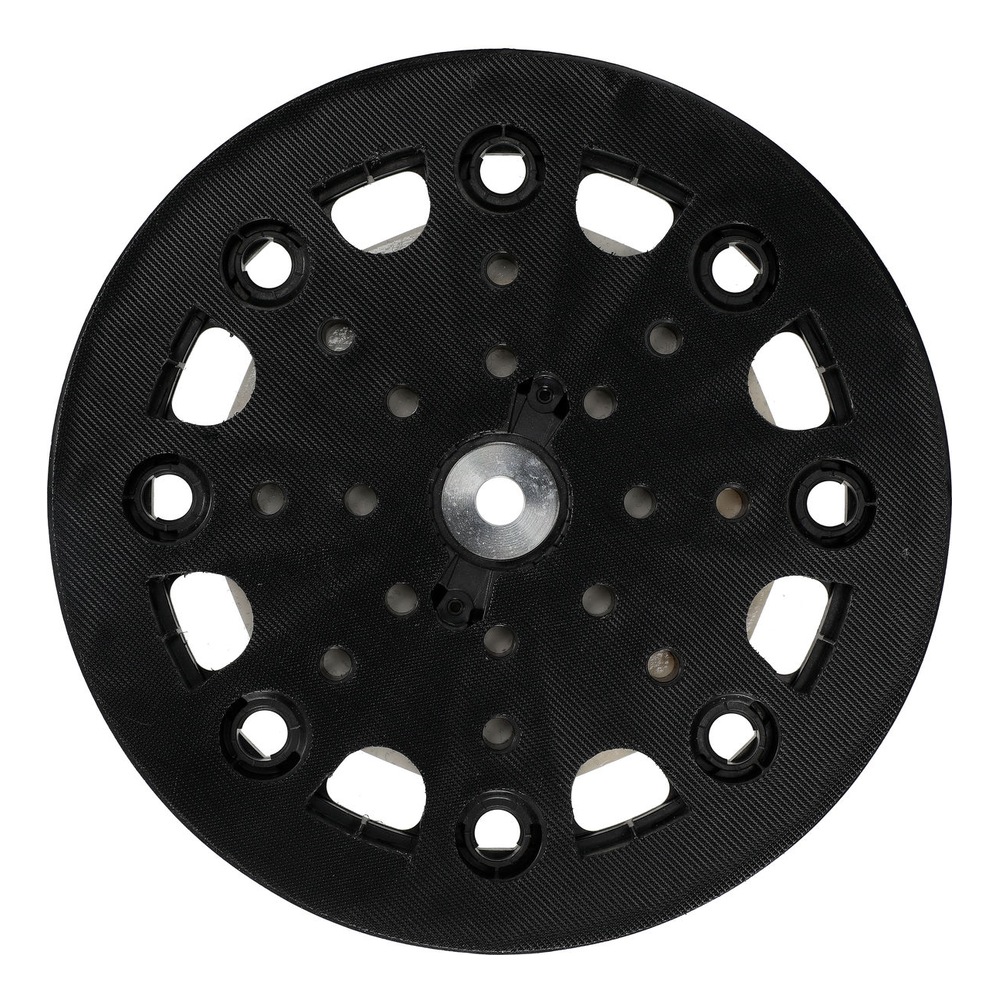 Round black backing pad shown front-on, with a pattern of perimeter holes