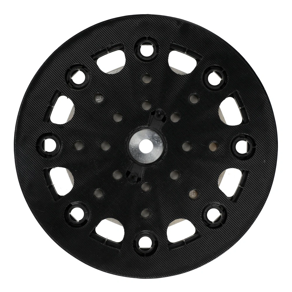 Round black backing pad shown front-on, with a pattern of perimeter holes