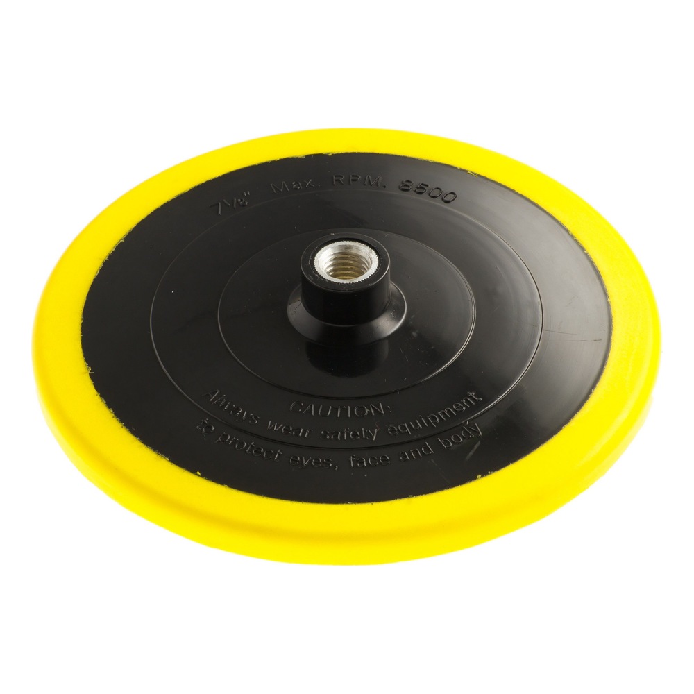 Product view of a round black backing pad with a yellow edge and a metal