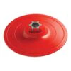 Round red backing pad viewed from above, with a metal center mount