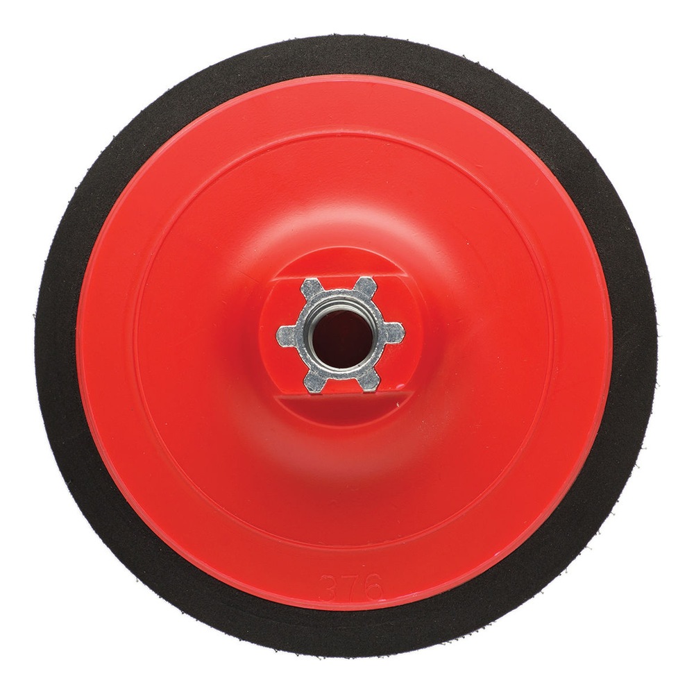 Round red and black backing pad with a metal threaded center connector