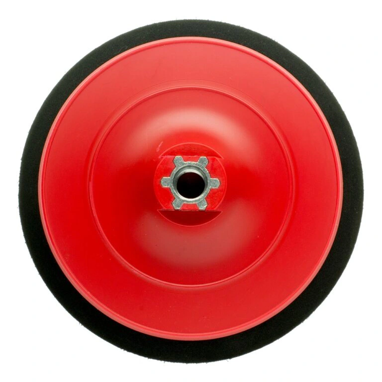 Round red and black backing pad with a metal threaded center connector