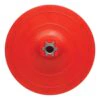 Round red backing pad with a metal threaded center connector, front view