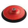 Round red backing pad with a metal threaded center and black edge, rear view