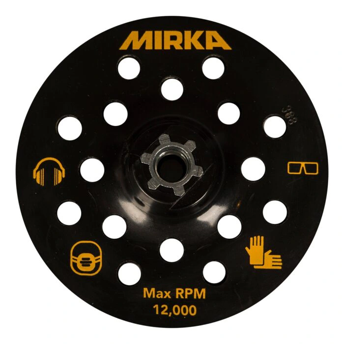 פלטה שחורה עגולה עם חורי שאיבה רבים, לוגו MIRKA צהוב וכיתוב Max RPM 12,000