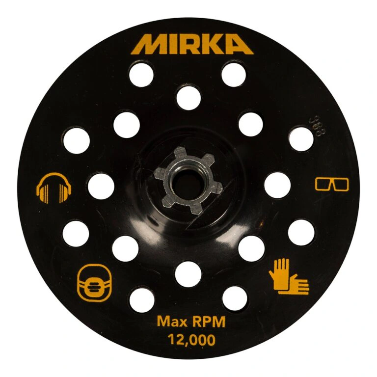 פלטה שחורה עגולה עם חורי שאיבה רבים, לוגו MIRKA צהוב וכיתוב Max RPM 12,000