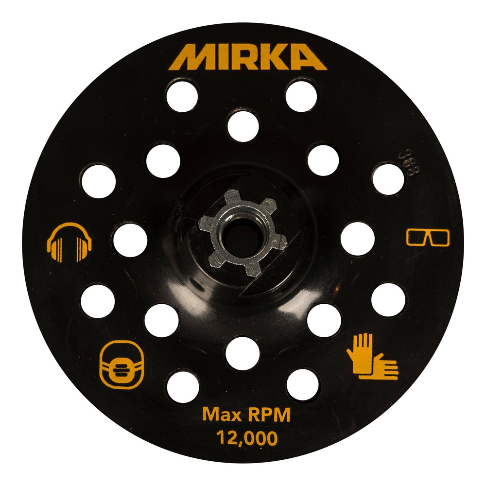 Round black plate with many suction holes, yellow MIRKA logo and Max RPM