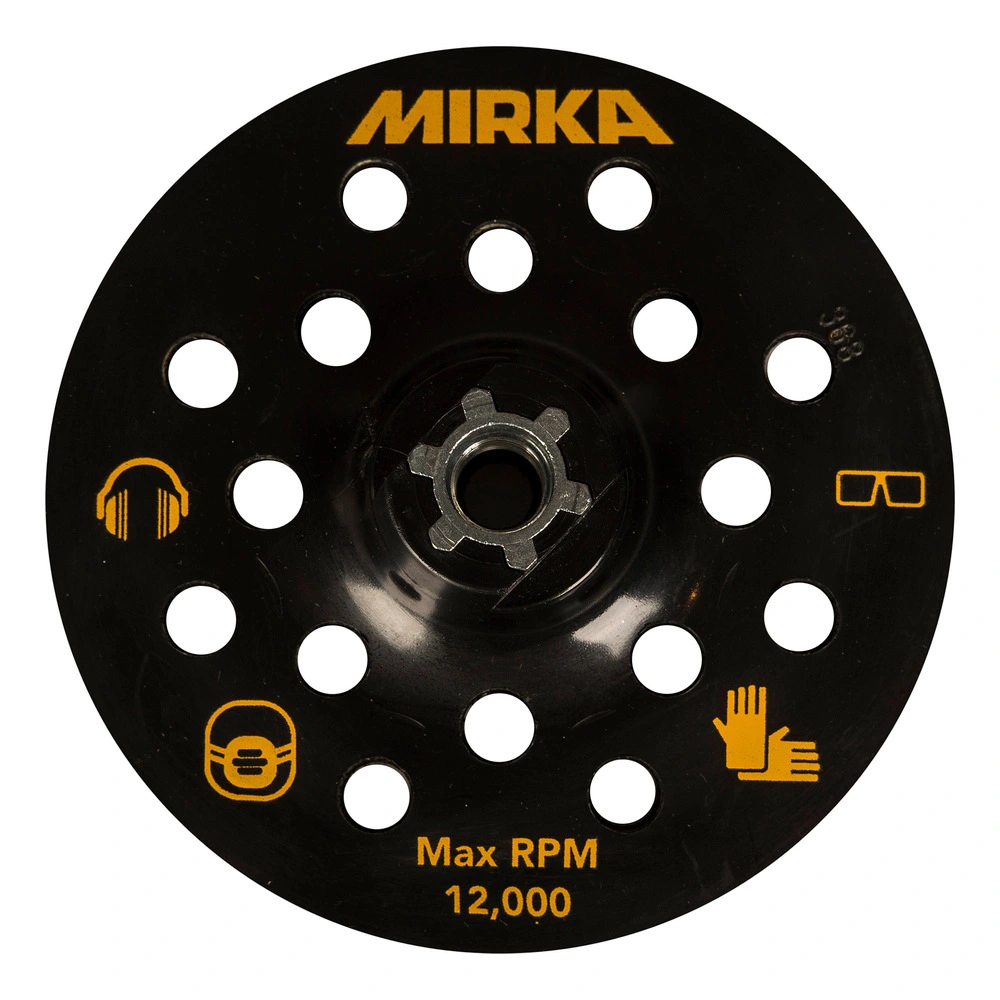 Round black plate with many suction holes, yellow MIRKA logo and Max RPM