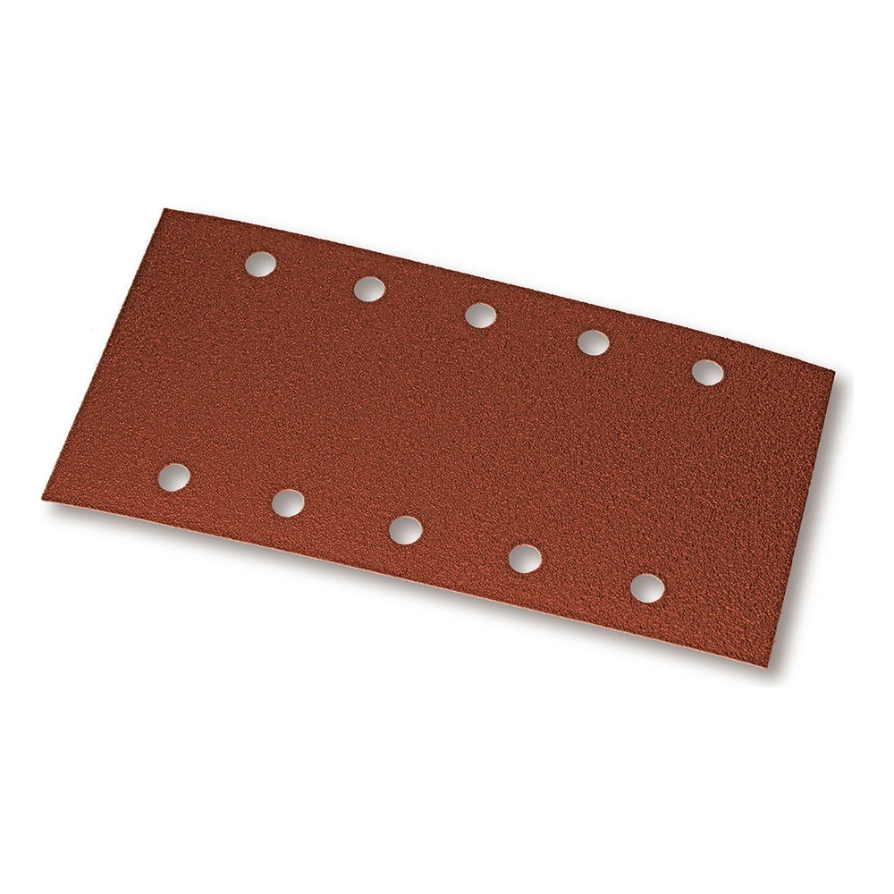 A rectangular brown sanding sheet with ten round holes, shown diagonally