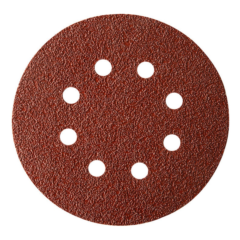A round brown sanding disc with eight holes, front view