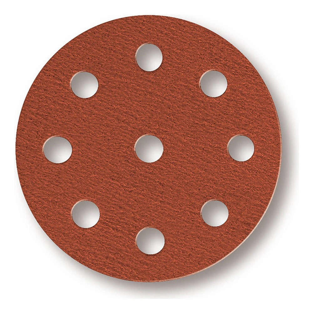 Round reddish-brown sanding disc with 9 holes, shown front-on on a white