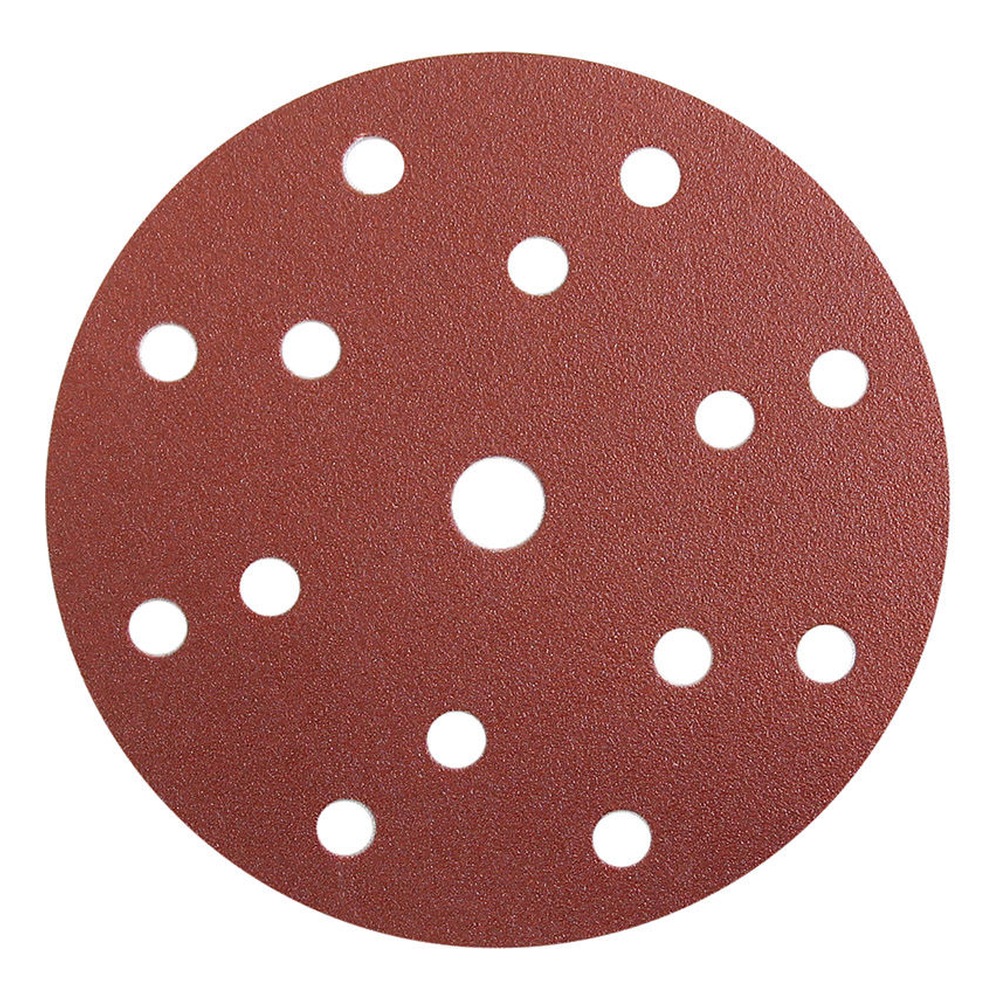 Round reddish-brown sanding disc with 15 holes, shown front-on on a white