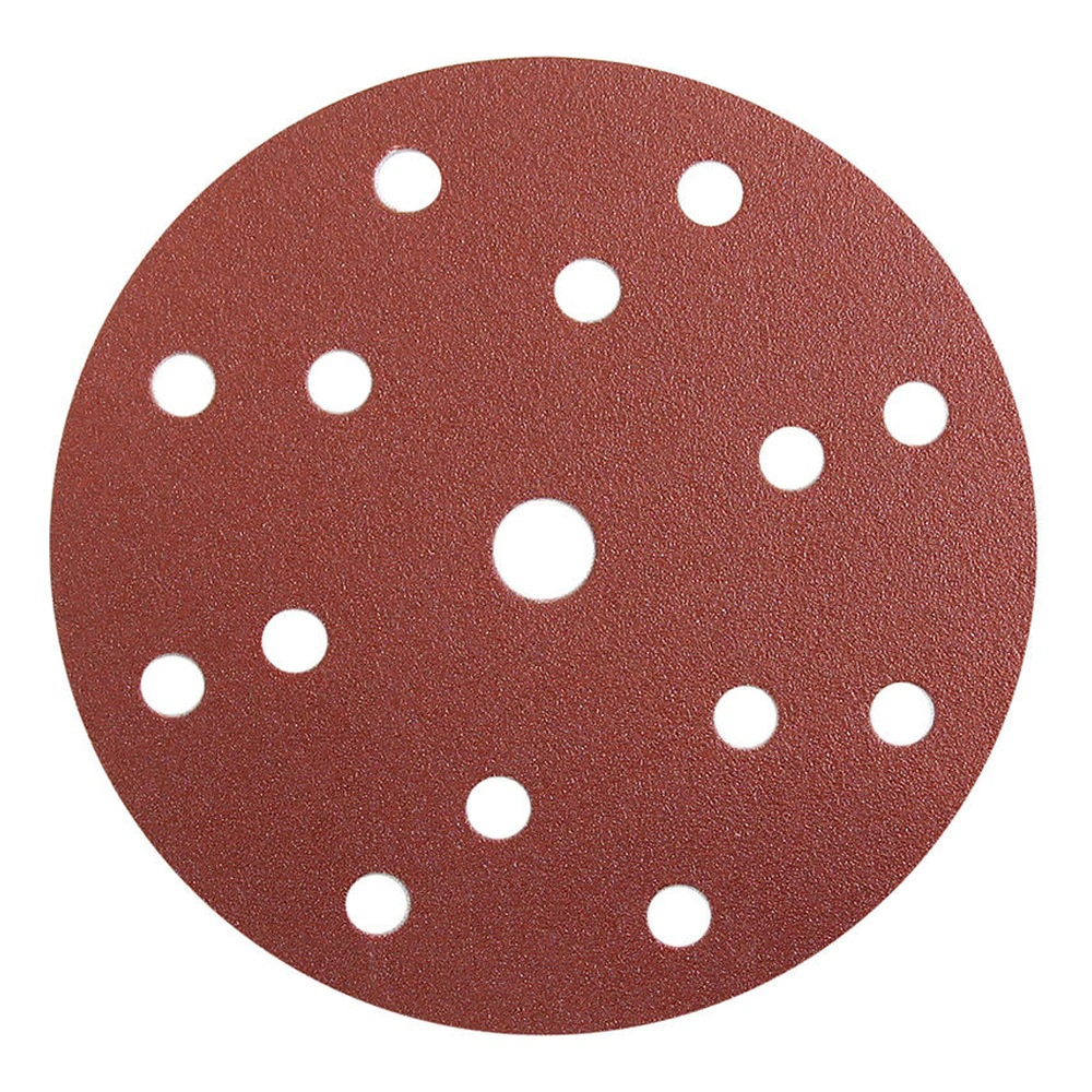 Round reddish-brown sanding disc with 15 holes, shown front-on on a white