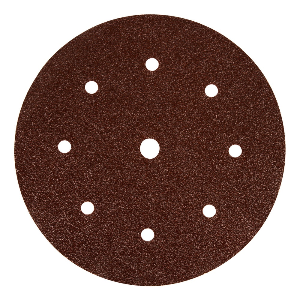 A round brown sanding disc with a center hole and 9 dust holes, shown
