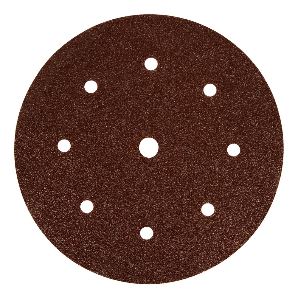 A round brown sanding disc with a center hole and 9 dust holes, shown