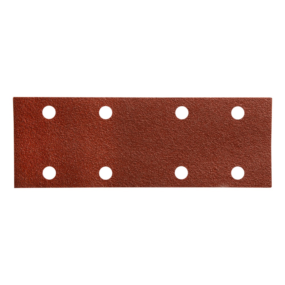 A rectangular brown sanding strip with 8 holes, shown front-on