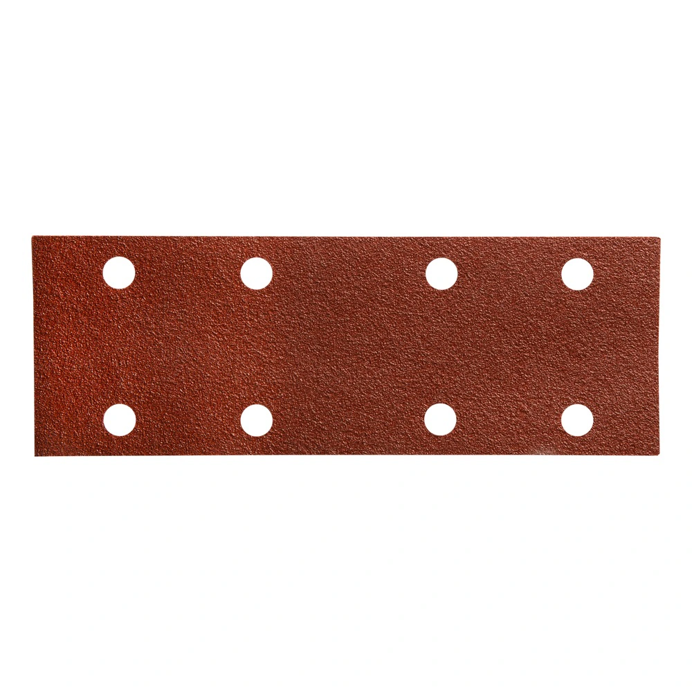 A rectangular brown sanding strip with 8 holes, shown front-on