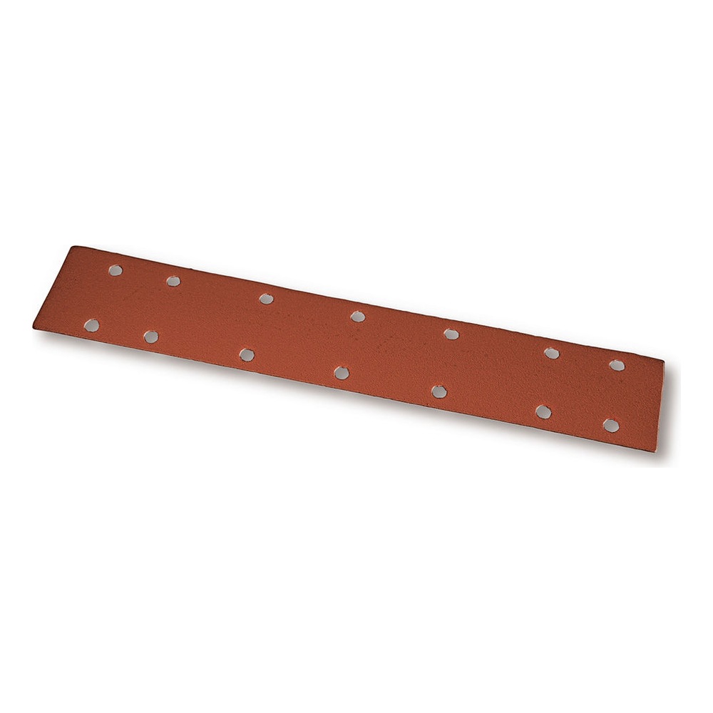 A long brown sanding strip with 14 holes, shown diagonally on a white