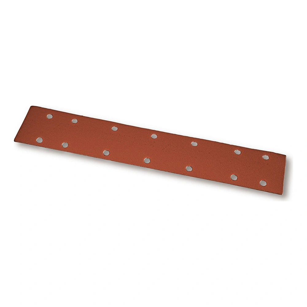 A long brown sanding strip with 14 holes, shown diagonally on a white