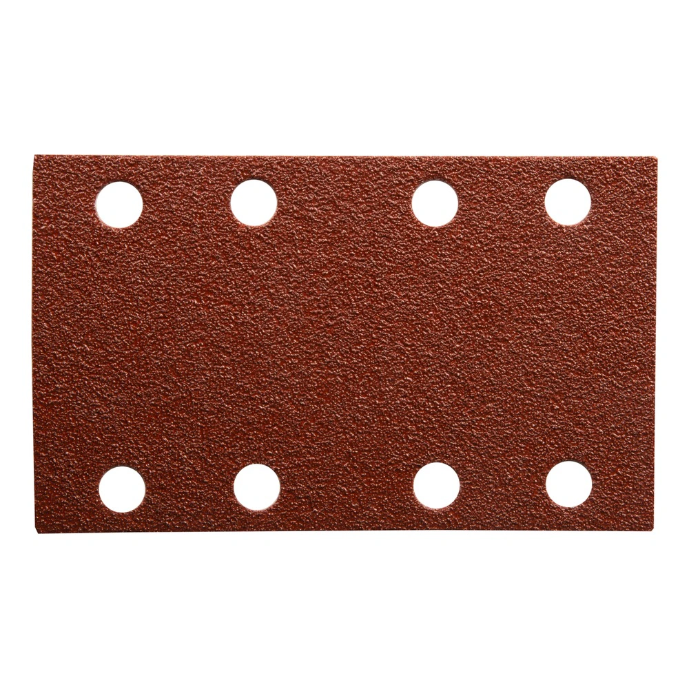 A rectangular brown sanding strip with 8 round holes, shown front-on