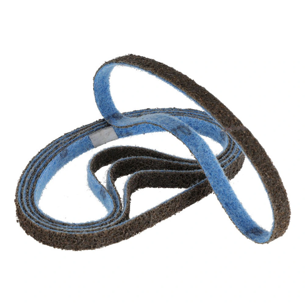 Several blue and brown sanding belt loops arranged on top of each other