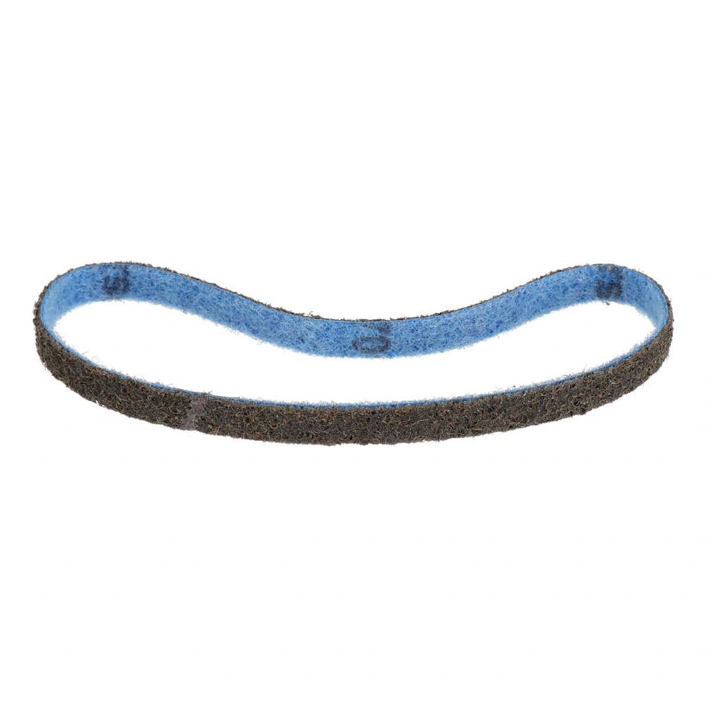 Blue and brown abrasive loop on a white background, shown in close-up