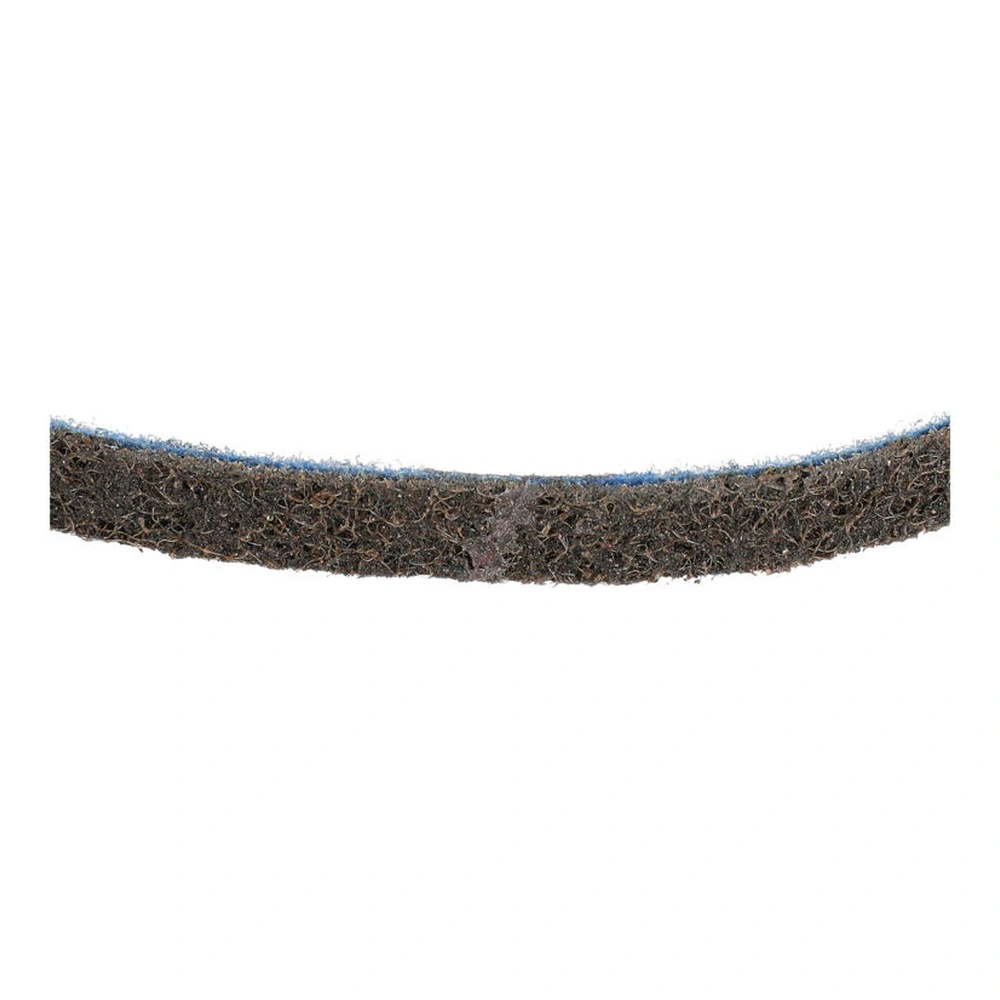 Side view of a brown abrasive belt with blue edges, folded into a loop