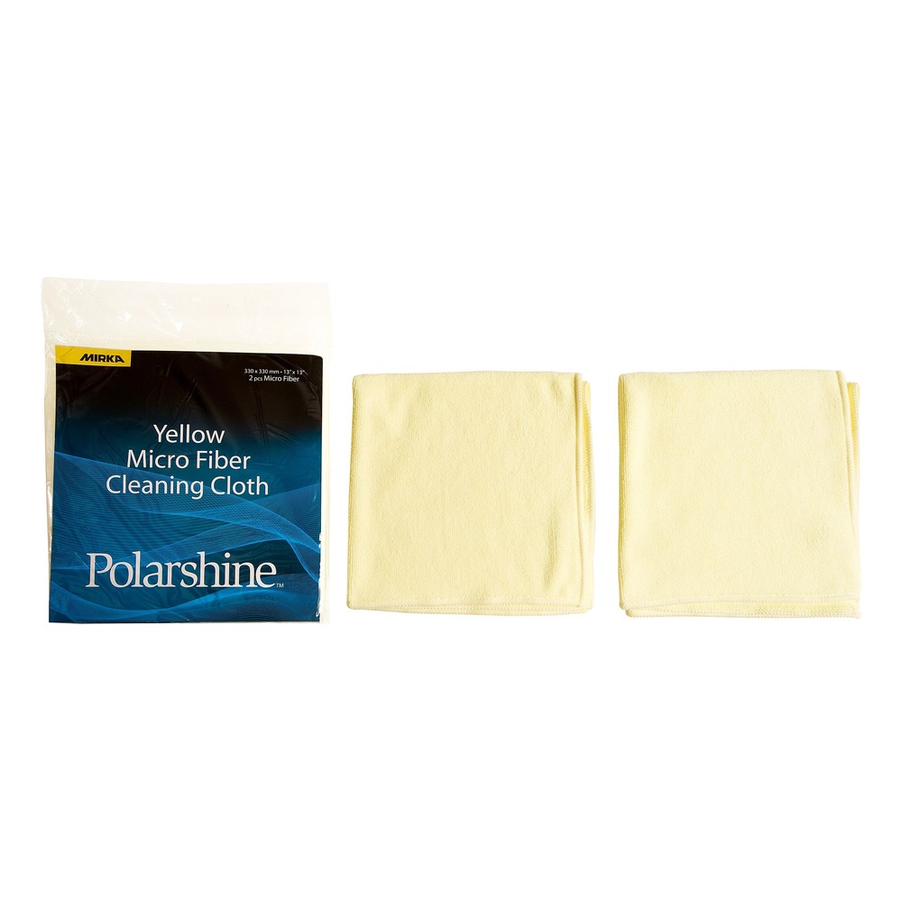 Two folded yellow microfiber cloths beside a printed product package