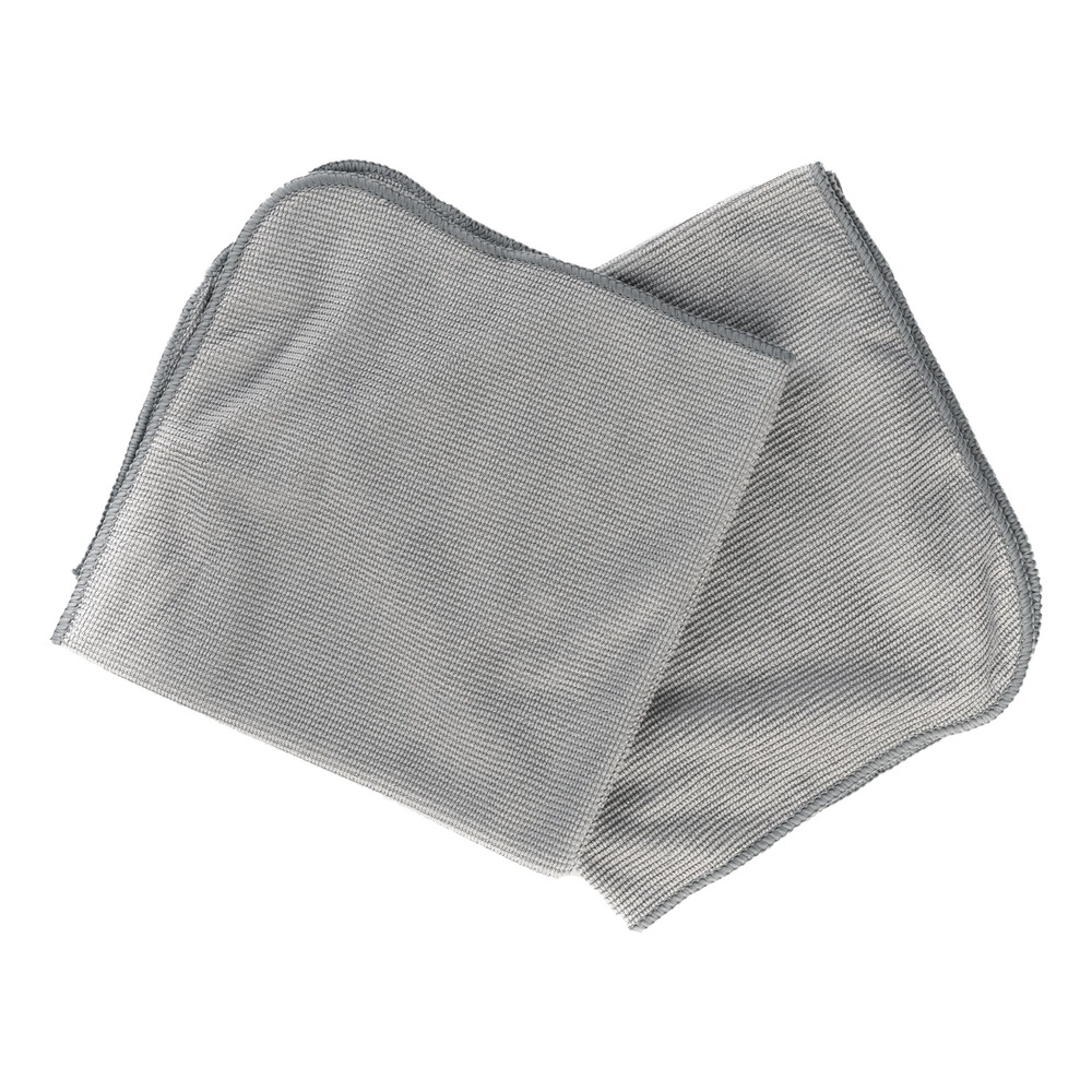 Two folded gray microfiber cleaning cloths