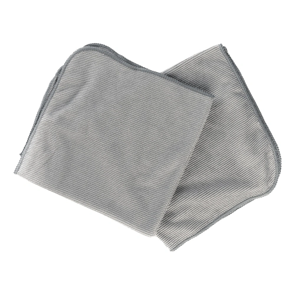 Two folded gray microfiber cleaning cloths
