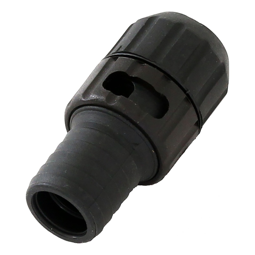 The same black plastic connector in an angled view, with a ribbed end