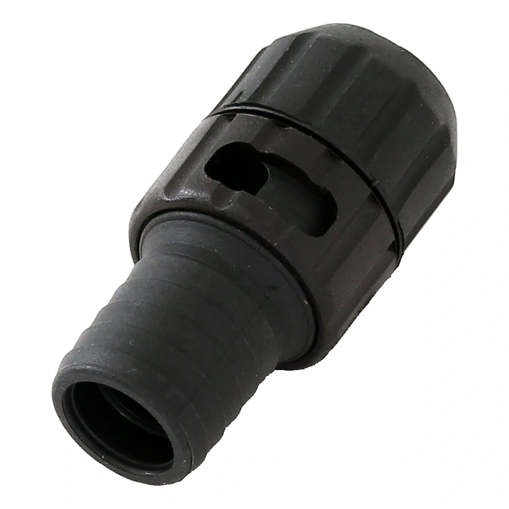 The same black plastic connector in an angled view, with a ribbed end