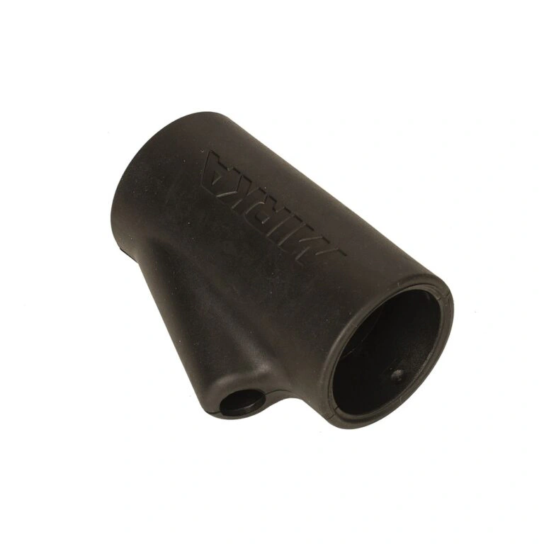 Black adapter-like connector with an open cylindrical end and a small side