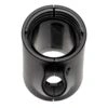 Black cylindrical part with internal threads at the top opening and a round