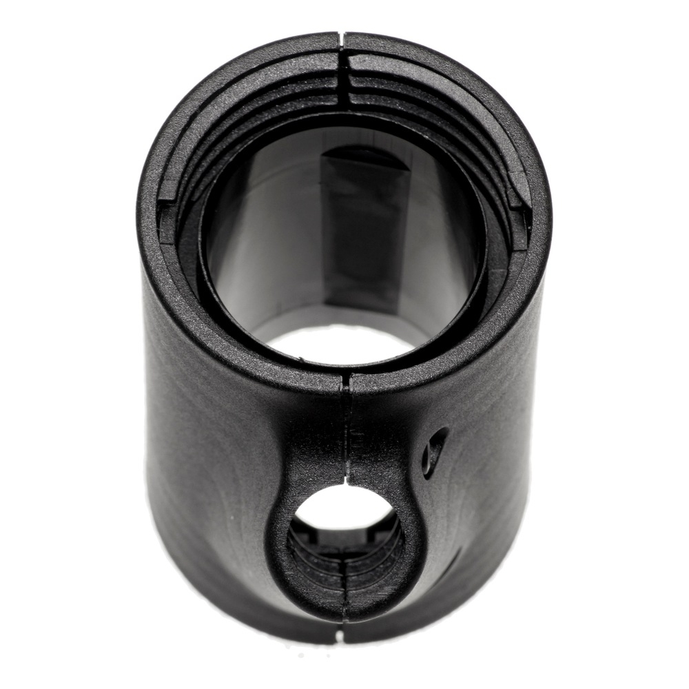 Black cylindrical part with internal threads at the top opening and a round