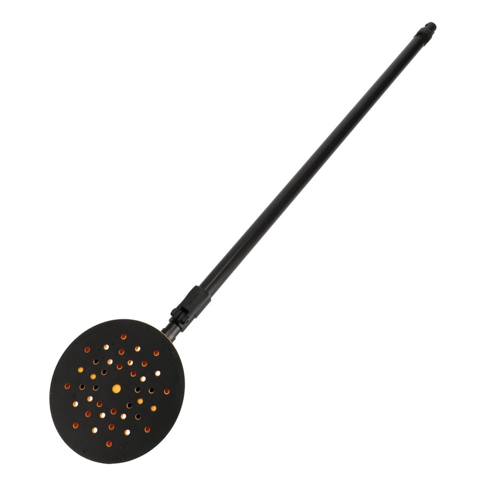 Telescopic hand sander with a black pole and a perforated round black-yellow