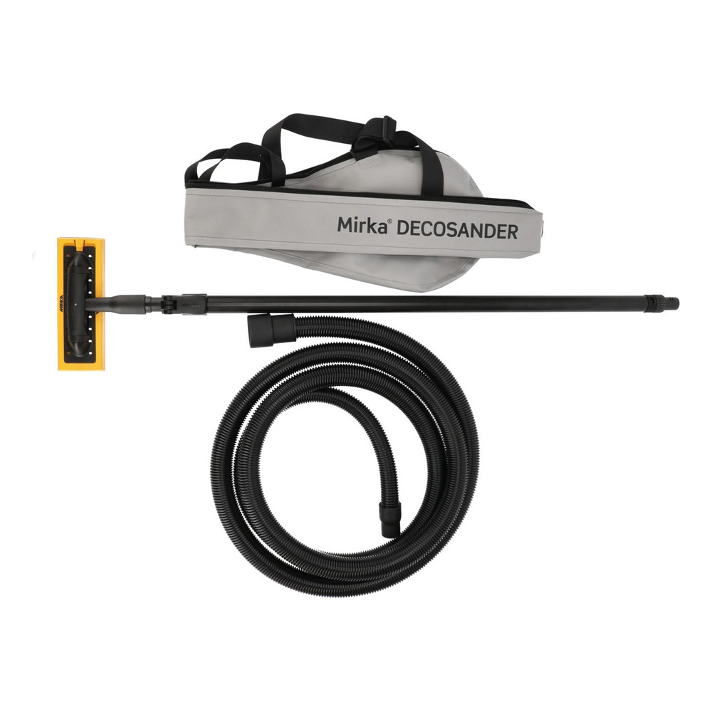 Set of a long-handled hand sander with a black pole, yellow rectangular