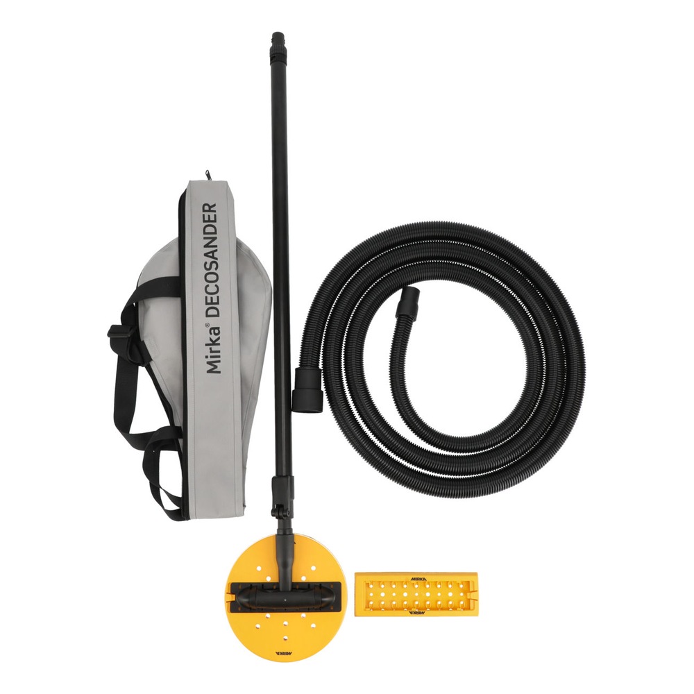 Telescopic hand sander kit with a long pole, coiled hose, gray carry bag