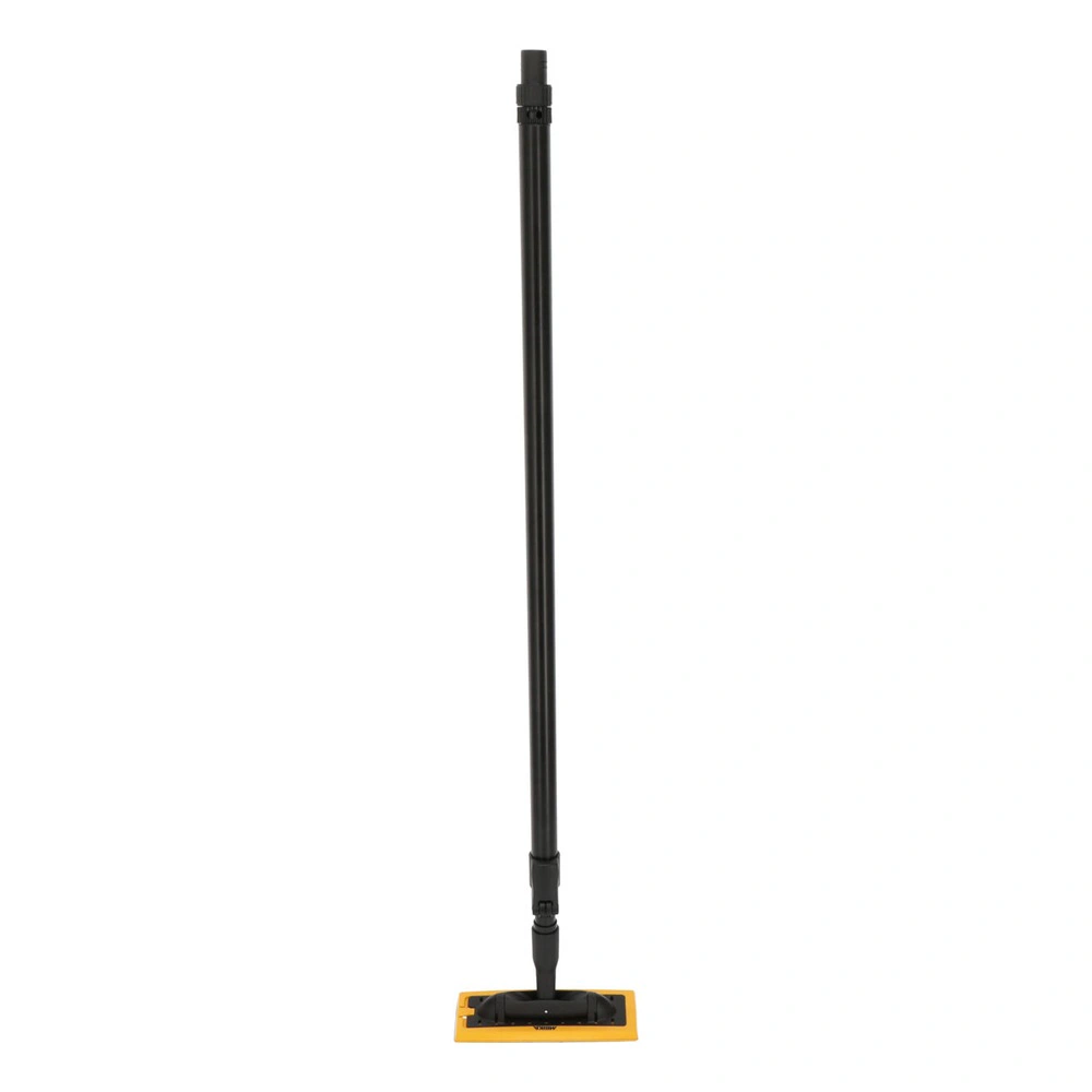 Front view of a long-handled hand sander with a black pole and yellow