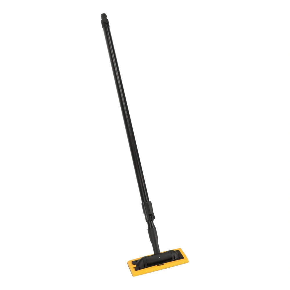 Single view of a telescopic hand sander with a long black pole and a yellow