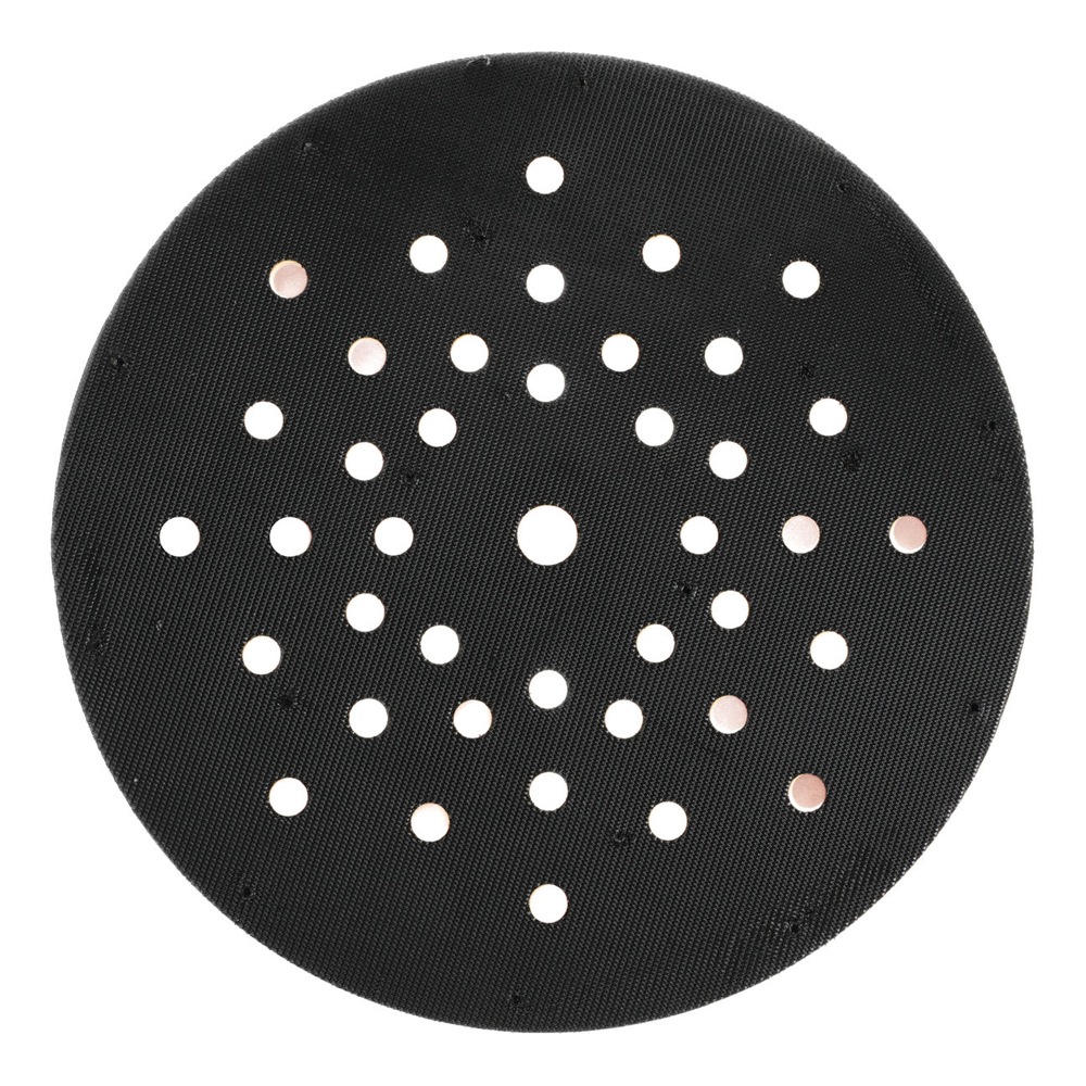 A round black sanding pad with a dense hole pattern, front view on a white