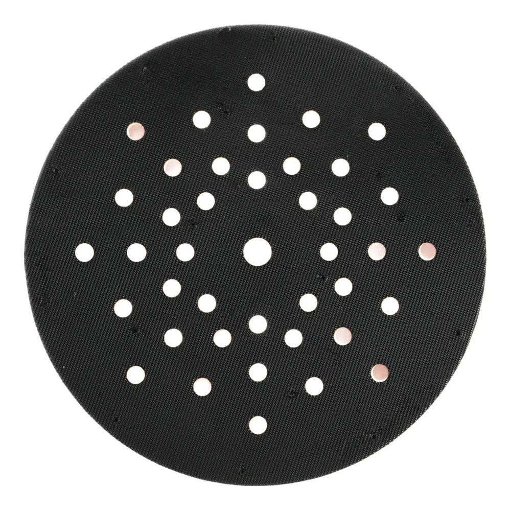 A round black sanding pad with a dense hole pattern, front view on a white