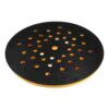 A round black sanding pad with many holes and some holes showing orange