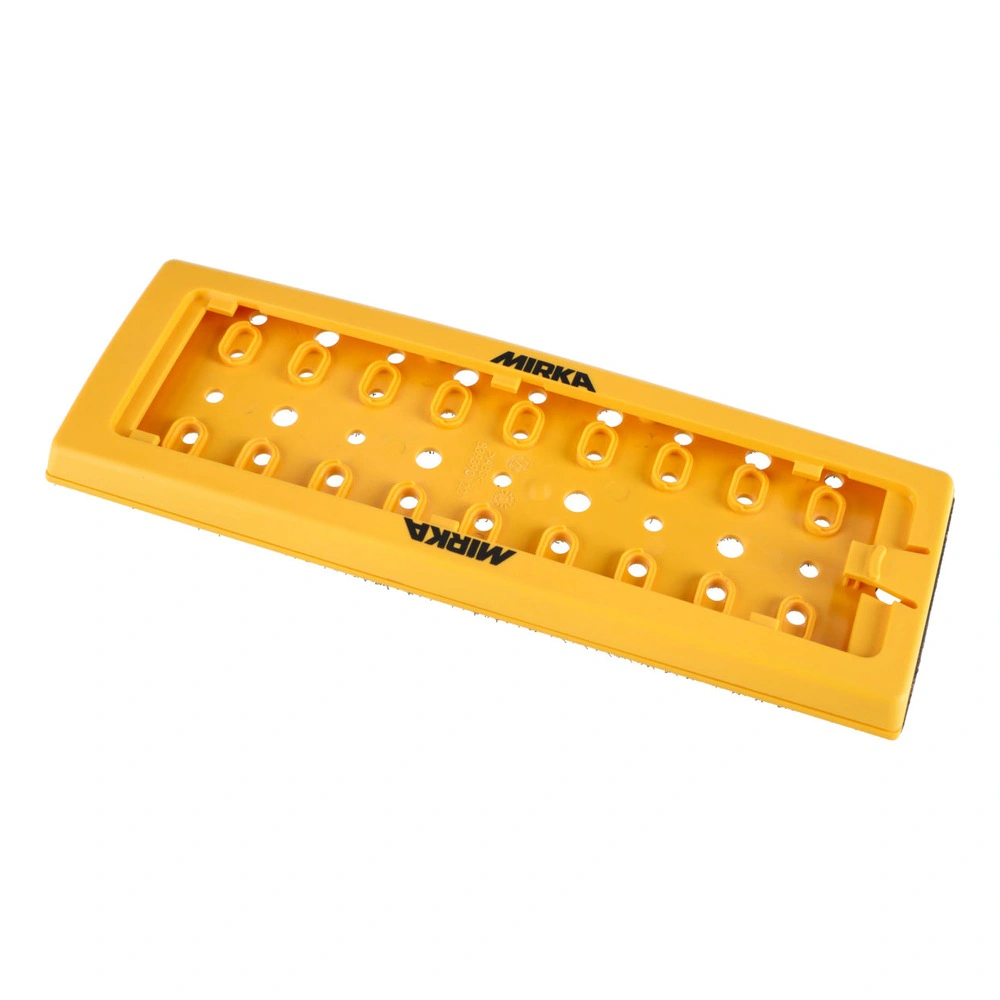 Yellow rectangular sanding pad with many round holes, shown