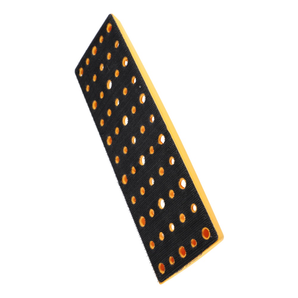 Narrow rectangular sanding pad with a perforated black face and yellow side