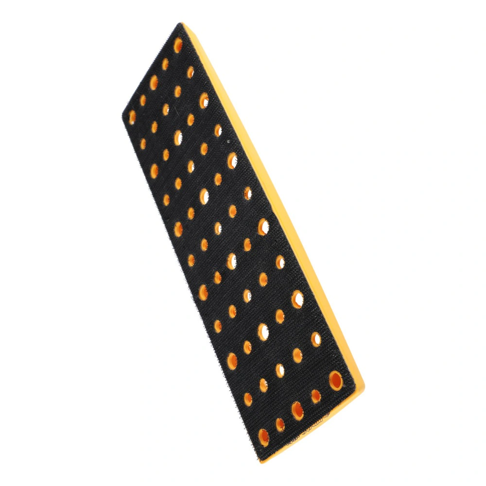 Narrow rectangular sanding pad with a perforated black face and yellow side