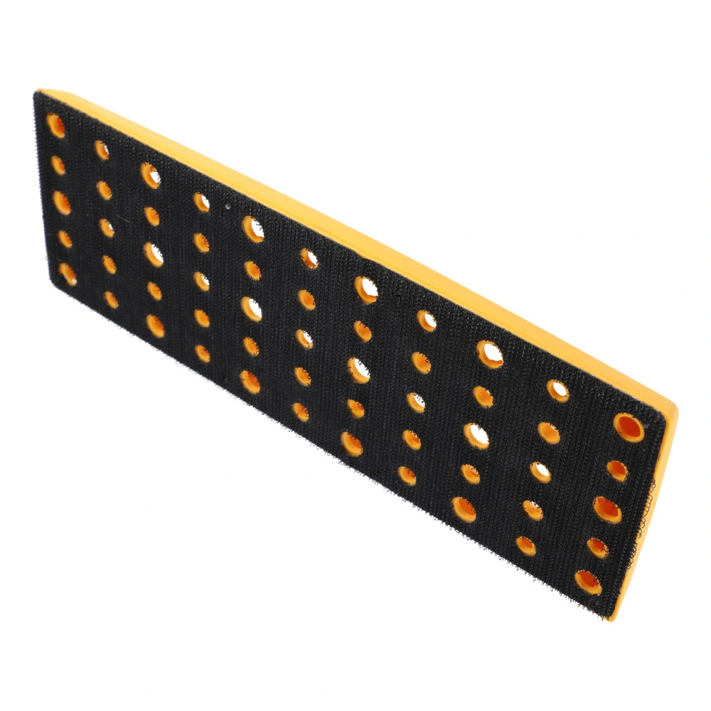 Narrow rectangular sanding pad with a perforated black face and yellow side