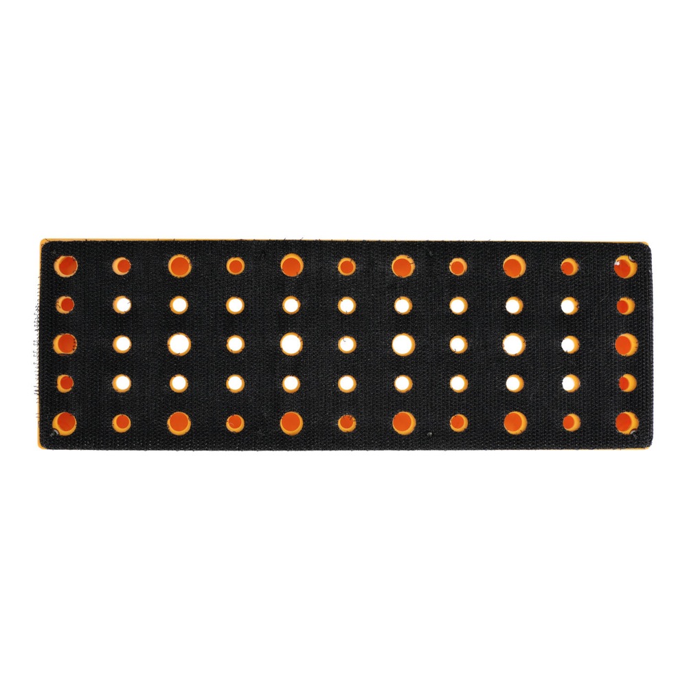 Narrow rectangular sanding pad with a perforated black face and yellow side
