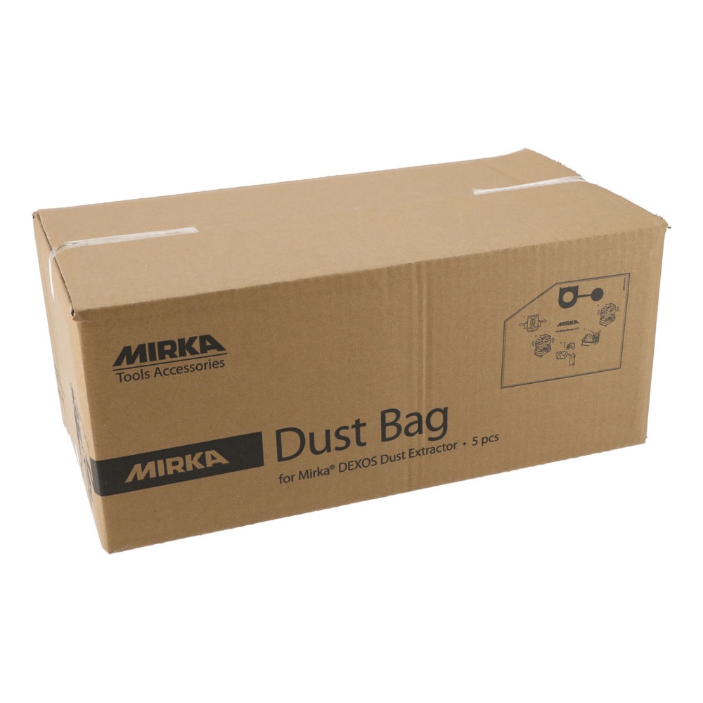 קופסת קרטון חומה עם כיתוב Mirka Dust Bag ו-5 pcs, מצולמת באלכסון על רקע לבן